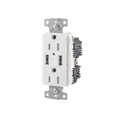 Contacto Dúplex con 2 Puertos USB, 15A 125V, 2 Polos, 3 Hilos, Color Blanco. 