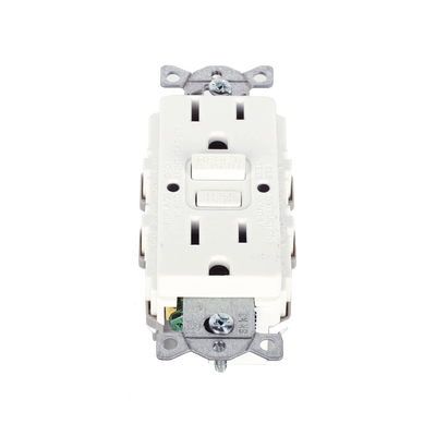 Contacto de Auto-verificación GFCI con Interruptor de Falla a Tierra de 15 A 125 V 2 Polos, 3 Hilos Color Blanco (Nema 5-15R), Grado Comercial.