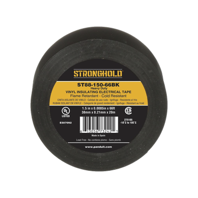 Cinta Eléctrica STRONGHOLD para Aislar, de PVC, Trabajo Pesado, Grosor de 0.21 mm (8.5 mil), Ancho de 38 mm, y 20 m de Largo, Uso Interior/Exterior, Color Negro