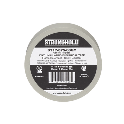 Cinta Eléctrica STRONGHOLD para Aislar, de PVC, Uso General, Grosor de 0.18mm (7 mil), Ancho de 19mm, y 20.12m de Largo, Color Gris