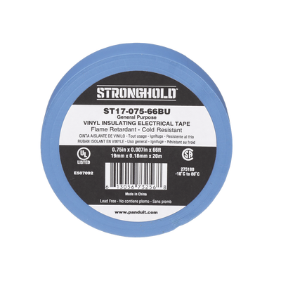 Cinta Eléctrica STRONGHOLD para Aislar, de PVC, Uso General, Grosor de 0.18mm (7 mil), Ancho de 19mm, y 20.12m de Largo, Color Azul