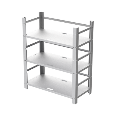 Estante Galvanizado de 3 Niveles para Instalación de 12 Baterías de Ciclo Profundo Similares a la PL-110-D12.