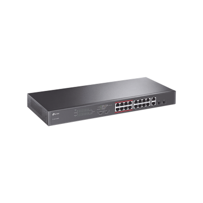 Switch PoE+ no Administrable de 16 puertos 10/100 Mbps, 2 puertos 10/100/1000 en combo con 2 puertos SFP, 194 W, Extensor PoE de hasta 250 m