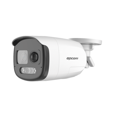 Bala TURBOHD 1080p / Imagen a Color 24/7 / Lente 2.8 mm / Luz Blanca 40 mts / Exterior IP67 / WDR 130dB / Sensor PIR / Micrófono Integrado / Sirena Integrada / Salida de alarma / Estrobo ROJO - AZUL