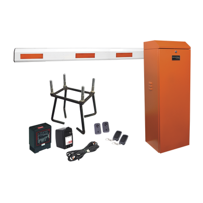 Kit COMPLETO Barrera Izquierda XB NARANJA / Brazo telescópico 3.6 ~ 5.5 M / Incluye Sensor de masa, Transformador, Lazo, Ancla, Fotoceldas y 2 Controles Inalámbricos