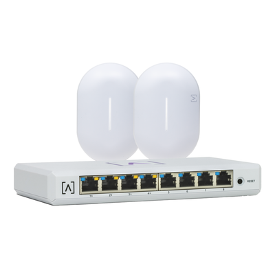 Kit de lanzamiento Alta Labs: Incluye (1) Switch PoE S8-POE y (2) Puntos de Acceso WiFi 6 AP6-PRO. Bloqueo de Contenido y Administración en la Nube/App Gratuita