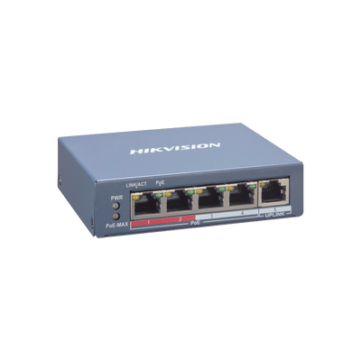 Switch Gigabit  PoE+ / Monitoreable / 4 Puertos 10/100 Mbps PoE+ / 1 Puerto 10/100 Mbps Uplink / Modo Estendido hasta 300 Metros /  45 W