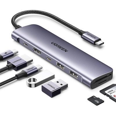 HUB USB-C (Docking Revodok) 7 en 1 | 2 USB-A 3.0 | 1 USB-C 3.0 (5Gbps) | 1 USB-C PD Carga 100W | HDMI 4K | Lector Tarjetas SD + Micro SD (TF) Uso Simultáneo | Chip de Última Generación | Cable de N