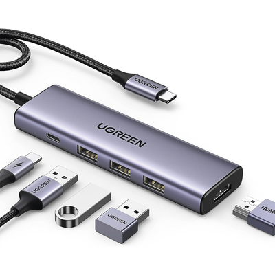 HUB USB-C (Docking Station) 5 en 1 | HDMI 2.0 4K@30Hz | 3 USB-A 3.0 (5Gbps) | USB-C PD Carga 100W | Potente Disipación de Calor | Chip de Ultima Generación | Cable de Nylon Trenzado de 25 cm | Carca