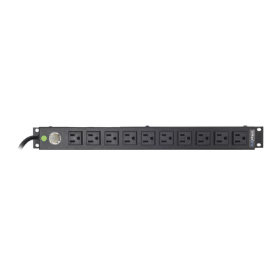 Tomacorriente Horizontal (PDU) de 10 Contactos (NEMA 5-15R) Rack 19" 1UR. Voltaje Entrada/Salida: 120Vca/15A