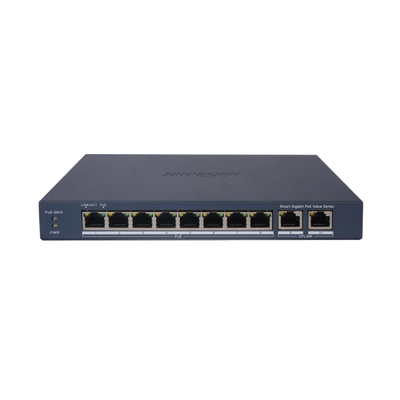 Switch Gigabit PoE+ / Administrable / 8 Puertos 10/100/1000 Mbps PoE+ / 2 Puerto 10/100/1000 Mbps de Uplink Configuración Remota desde Hik-PartnerPro / Modo Extendido hasta 300 Metros / 60 W 