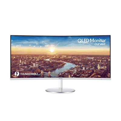 Monitor Curvo 34" QLED con Quantum Dot color Blanco / Aspecto 21:9 / Resolucion 3440 x 1440 / Frecuencia 100Hz / Entradas de Video HDMI / DisplayPort / Compatible VESA 100x100 / bocinas integradas