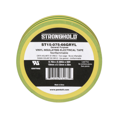 Cinta Eléctrica STRONGHOLD para Aislar, de PVC, Uso Construcción General en Tierras Físicas, Grosor de 0.13 mm, Ancho de 19.05 mm, y 20.12 m de Largo, Color Amarillo/Verde.