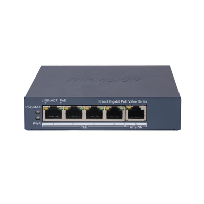 Switch Gigabit PoE+ / Administrable / 4 Puertos 10/100/1000 Mbps PoE af/at / 1 Puerto 10/100/1000 Mbps Uplink / Configuración Nube Hik-PartnerPro / Modo Extendido hasta 300 Metros / 45 Watts