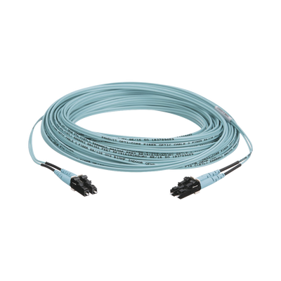 Jumper de Fibra Optica Multimodo 50/125 OM3, LC-LC Duplex, OFNR (Riser), Color Aqua, 50 Metros