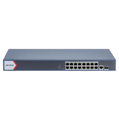 Switch Gigabit PoE+ / Administrable / 16 Puertos 1000 Mbps PoE+ / 1 Puerto 1000 Mbps de Uplink / 1 Puerto SFP /  Configuración Remota desde Hik-PartnerPro / Modo Extendido hasta 300 Metros / 130 Watt