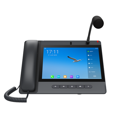 Teléfono IP Android 9.0 Empresarial para voceo 20 líneas SIP, pantalla táctil, Wi-Fi y Bluetooth, PoE, Voceo/ Musica por Multicast, puertos Gigabit, soporta recepción de video.