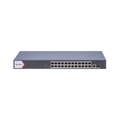 Switch Gigabit PoE+ / Administrable / 24 Puertos 1000 Mbps PoE+ /  1 Puerto 10/100/100 uplink /1 Puerto 1000 Mbps Uplink / 1 Puertos SFP Uplink / Configuración Remota desde Hik-PartnerPro / Modo Exte