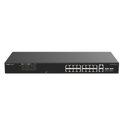 Switch PoE+ No Administrable Ideal para CCTV, 16 Puertos 10/100, 2 Uplinks Gigabit y 2 SFP, Carcasa Metálica