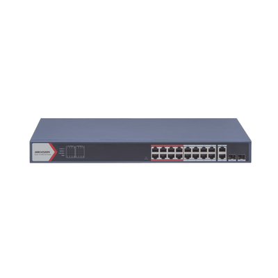 Switch Monitoreable PoE+ / 16 puertos 100 Mbps PoE+ / 2 Puertos 1000 Mbps Uplink + 2 Puertos SFP de Uplink / PoE hasta 300 Metros / Conexión Remota desde Hik-PartnerPro / 230 Watts