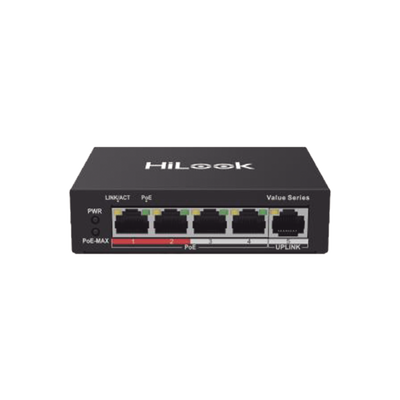 Switch PoE+ / No Administrable / 4 Puertos 10/100 Mbps PoE+ (af / at) / 1 Puerto 10/100 Mbps Uplink / Modo Extendido hasta 250 Metros / 35 Watts