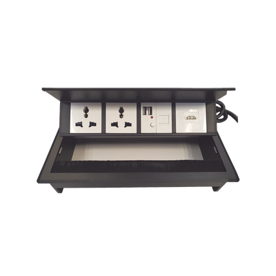 Caja Horizontal tipo Hub para escritorio color negro, con 1 Puerto HDMI Hembra-Hembra, 1 puerto RJ45 Cat6,  2 Puertos USB (Solo carga),  y 2 Contactos eléctricos universales