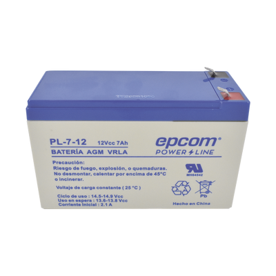 Batería 12 Vcc / 7 Ah / UL / Tecnología AGM-VRLA / Para uso en equipo electrónico Alarmas de intrusión / Incendio/ Control de acceso / Video Vigilancia / Terminales F1.