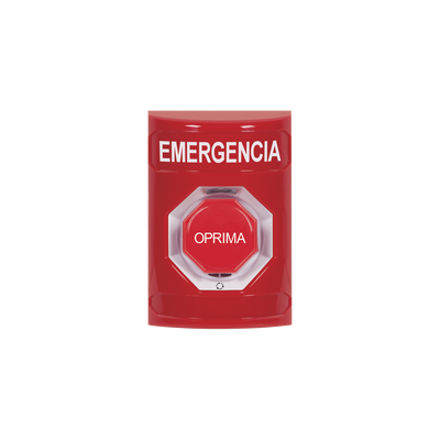 Botón de Emergencia, Texto en Español, Color Rojo, Acción Mantenida, Girar para Restablecer y LED Multicolor