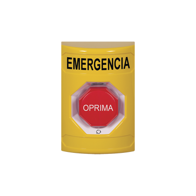 Botón de Emergencia en Español, Color Amarillo, Acción Mantenida, Girar para Restablecer y LED Multicolor