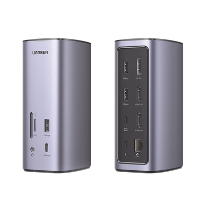 HUB USB-C (Multipuertos) / 2 USB-A 3.0 / 1 USB-C PD Carga 100W / 1 USB-A 3.1 / 1 USB-C 3.1 / HDMI 4K / HDMI 8K Ultra HD / Display Port 4K / RJ45 (Gigabit) / Lector Tarjeta SD + Micro SD (TF) / Jack Au