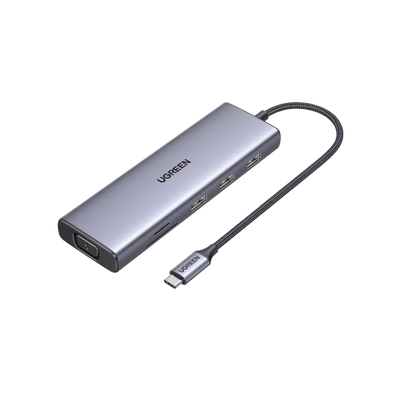 HUB USB-C (Docking Station) 9 en 1 / 3 USB-A 3.0 / USB-C PD Carga 100W / HDMI 4K@30Hz / RJ45 (Gigabit Ethernet) / VGA / Lector Tarjetas SD + Micro SD (TF) (Uso Simultáneo).