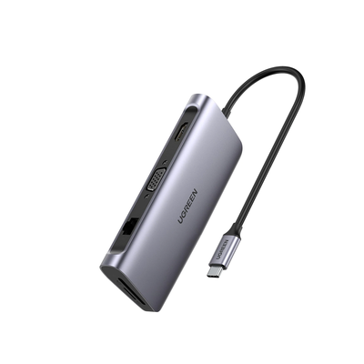 HUB USB-C Multipuertos / 3 USB-A 3.0 / HDMI 4K@30Hz / RJ45 (Gigabit Ethernet)  / VGA / Lector Tarjetas SD+TF (Uso Simultáneo) / USB C PD Carga 100W /  9 en 1 / Carcasa de Aluminio.