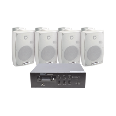 KIT de Amplificador de 120W para Escritorio | 4 Altavoces de Pared color Blanco 2.5W - 20W | Sistema 70/100V