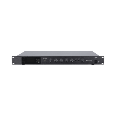 Amplificador de Audio | 1 canal | 350 W | Sistema 100V y Baja Impedancia | 4 Entradas de Micrófono Balanceadas | Bluetooth | USB | SD | FM | Montaje en Rack