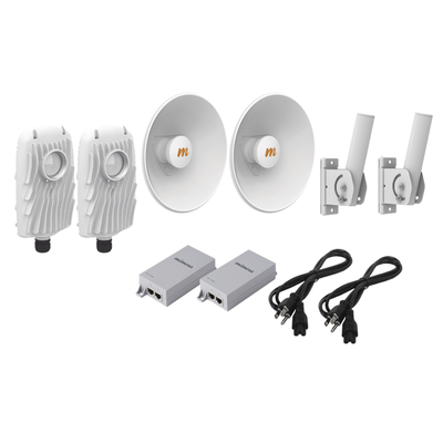 Kit de 2 radios B5X con kit de antenas de (25 dBi), rango de frecuencia extendida (4.9 a 6.4 GHz),  incluye inyector POE, cable de alimentación y 2 FLEXIMOUNT-XL para alineación, distancia de hasta 