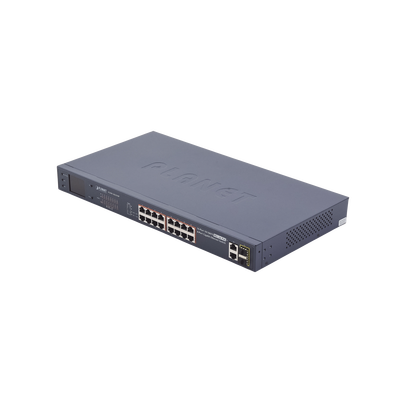 Switch no administrable PoE+ Extended, Aislamiento VLAN de 16 puertos + 2 combo TP/SFP Gigabit y Pantalla 