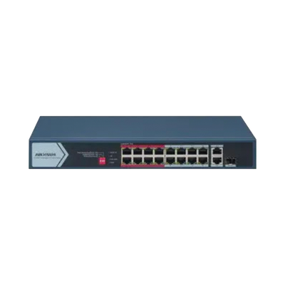 Switch PoE+ / No Administrable / 16 Puertos 10/100 Mbps PoE+ / 2 Puerto 10/100/1000 Mbps + 1 Puerto SFP Uplink / PoE hasta 300 metros / 130 W