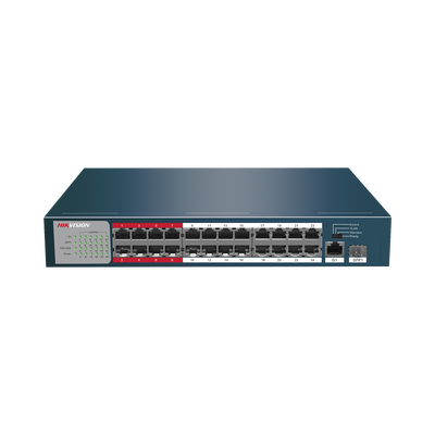 Switch PoE+ / No Administrable / 24 Puertos 10/100 Mbps PoE+ / 1 Puerto 10/100/1000 Mbps + 1 Puerto SFP Uplink / PoE hasta 250 metros / 230 W