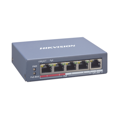 Switch Monitoreable PoE+ / 4 puertos 10/100 Mbps PoE+ / 1 puerto RJ45 Uplink / PoE Hasta 250 Metros / 60 W / Conexión Remota desde Hik-PartnerPro