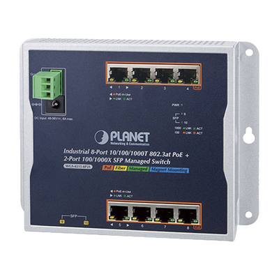 Switch Industrial PoE Administrable de Pared Capa 2, 8 Puertos Gigabit PoE 802.3at y 2 Puertos 100/1000X SFP