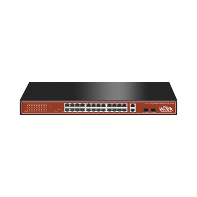 Switch PoE (802.3af/at/bt) / No administrable de largo alcance / Hasta 250m / Con 24 x 10/100Mbps + 2 x SFP Gigabit Combo / 250 W