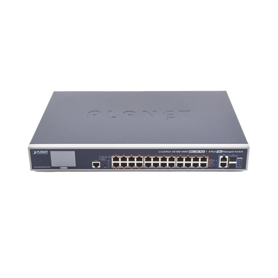 Switch Administrable L3, 24 puertos Gigabit PoE 802.3bt, 2 puertos 10G SFP+, Pantalla Tactil, Fuente Redundante, (600W)