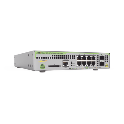 Switch PoE+ Administrable CentreCOM GS970M, Capa 3 de 8 Puertos 10/100/1000 Mbps + 2 SFP Gigabit, 124 W