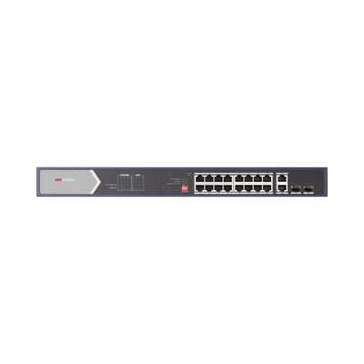 Switch PoE+ / No Administrable / 16 Puertos 10/100 Mbps PoE+ (4 Puertos PoE++ 90 W) / 2 Puertos 10/100/1000 Mbps + 2 Puertos SFP de Uplink / PoE hasta 250 Metros / 225 Watts