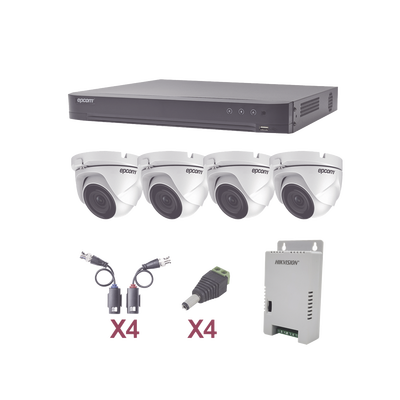 KIT TurboHD 1080p / DVR 4 Canales / 4 Cámaras Eyeball (exterior 2.8 mm) / Transceptores / Conectores / Fuente de Poder Profesional