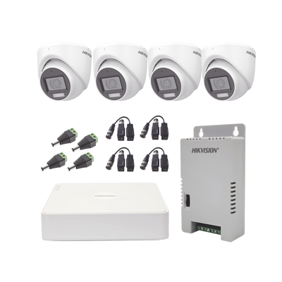 KIT TurboHD 1080p / DVR 4 Canales con audio por coaxitron / 4 Cámaras con Micrófono y  106° Visión/  luz blanca + IR visión nocturna  / Transceptores / Conectores / Fuente de Poder Profesional