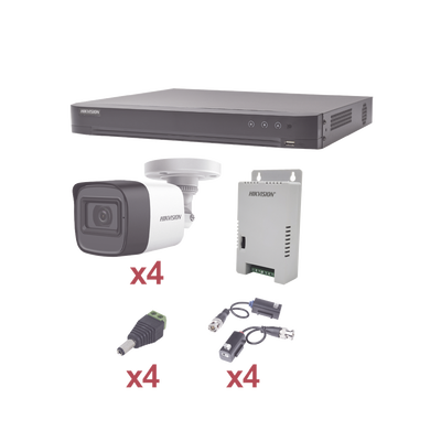 KIT TurboHD 1080p / DVR 4 Canales / 4 Cámaras Bala (exterior 2.8 mm) / Transceptores / Conectores / Fuente de Poder Profesional