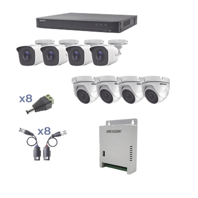 KIT TurboHD 1080p / DVR 8 Canales / 4 Cámaras Bala (exterior 2.8 mm) / 4 Cámaras Eyeball (exterior 2.8 mm) / Transceptores / Conectores / Fuente de Poder Profesional hasta 15 Vcc para Largas Distanc