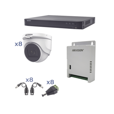 Kit TURBOHD 1080p / DVR 8 Canales / 8 Cámaras Turret (exterior 2.8 mm) / Conectores / Transceptores / Fuente de Poder Profesional hasta 15 Vcc para Larga Distancia