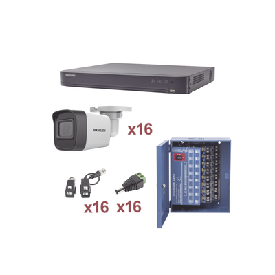 KIT TurboHD 1080p / DVR 16 Canales / 16 Cámaras Bala (exterior 2.8 mm) / Transceptores / Conectores / Fuente de Poder Profesional